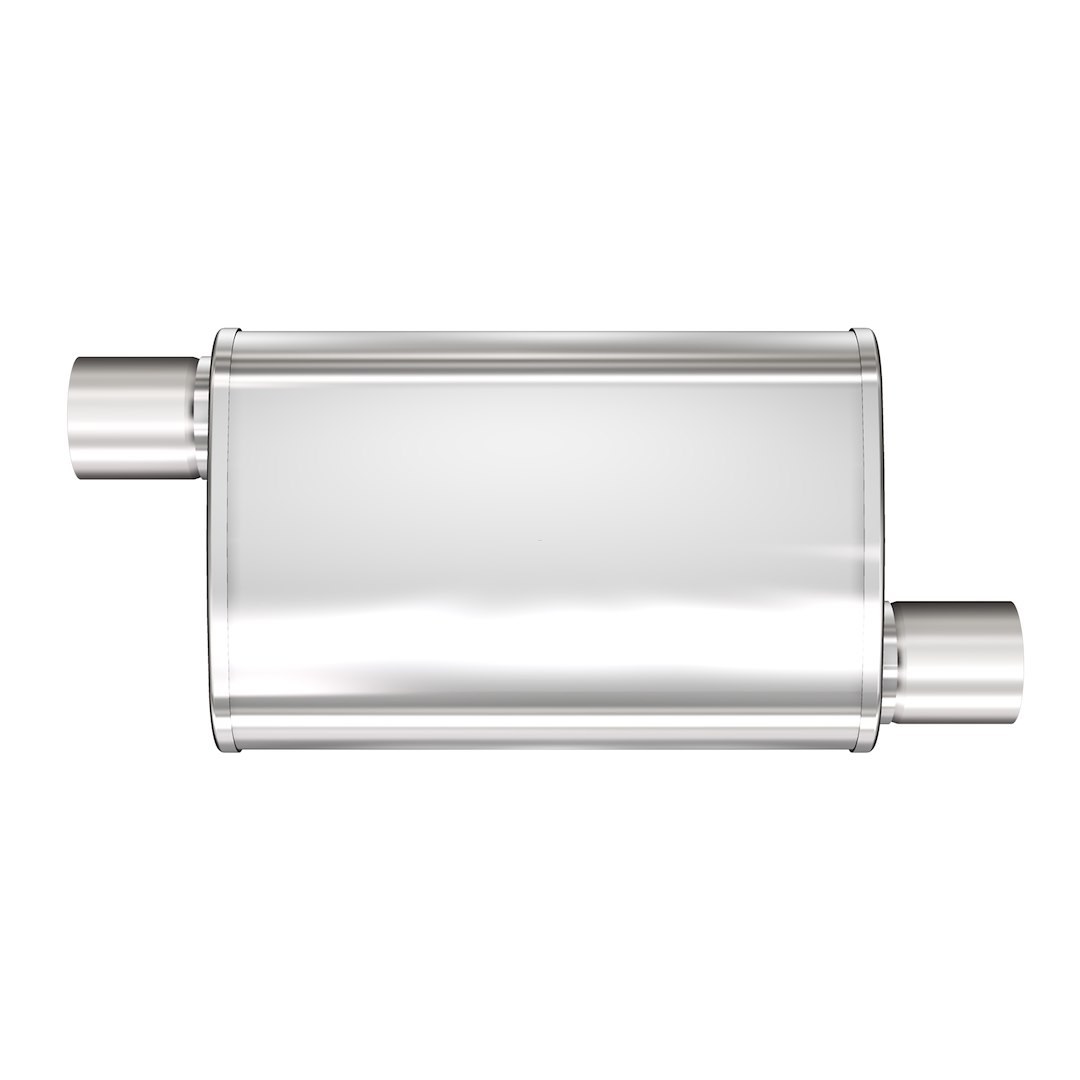 MagnaFlow Exhaust Muffler, 4 Inch X 9 Inch Oval Satin Stainless Steel Case, Single 3 Inch Offset Inlet, Single 3 Inch Offset Outlet – 13239