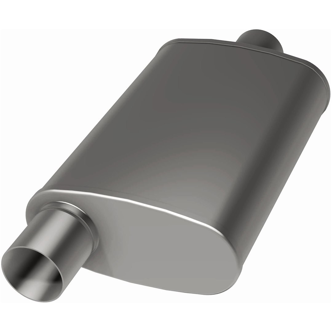 MagnaFlow Exhaust Muffler, 5 Inch X 8 Inch Oval Polished Stainless Steel Case, Single 3 Inch Offset Inlet, Single 3 Inch Center Outlet – 14229