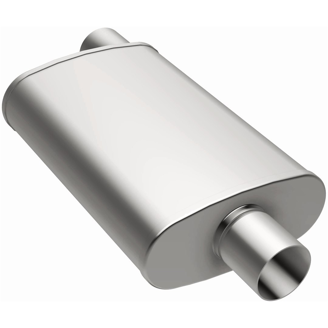MagnaFlow Exhaust Muffler, 5 Inch X 8 Inch Oval Polished Stainless Steel Case, Single 3 Inch Offset Inlet, Single 3 Inch Center Outlet – 14229