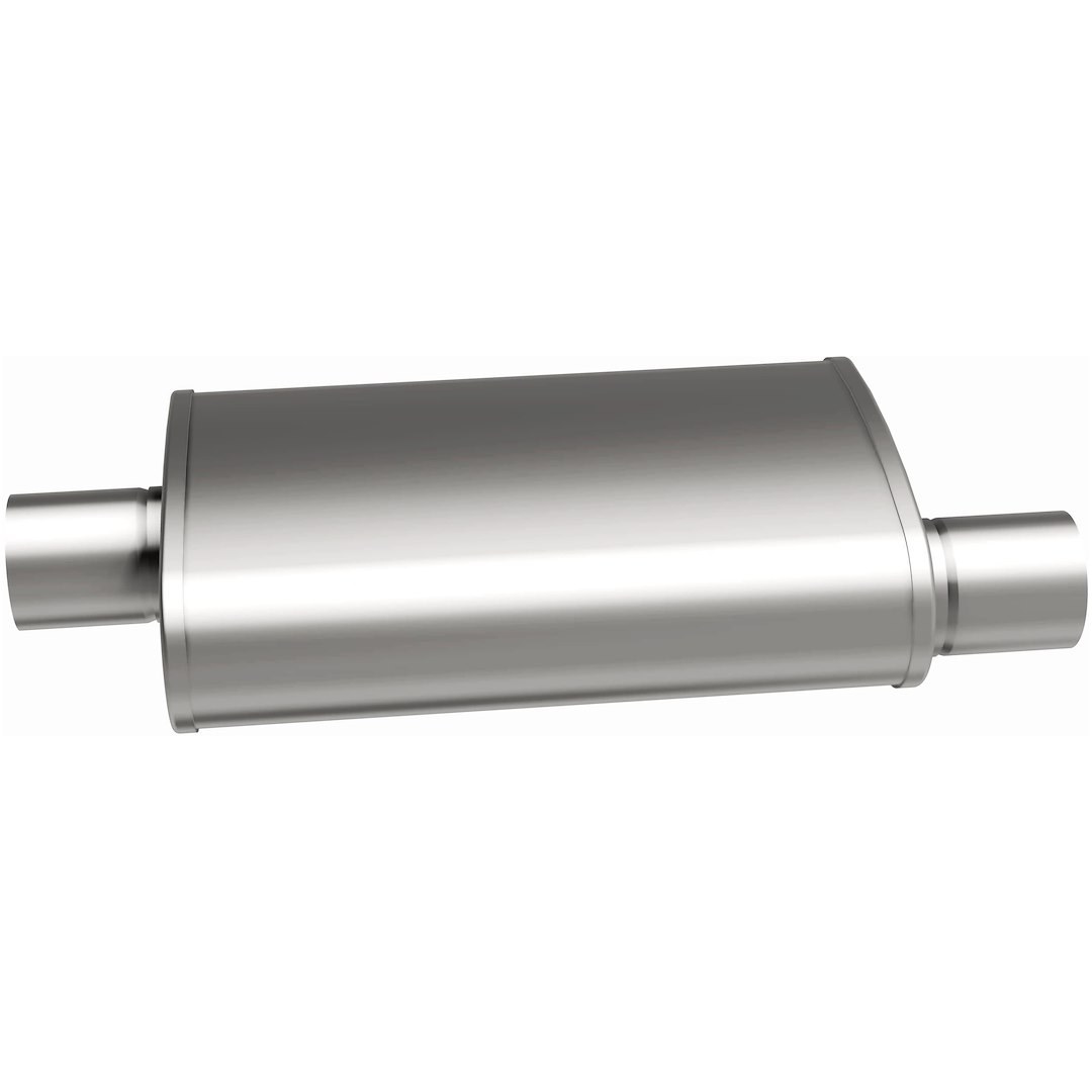 MagnaFlow Exhaust Muffler, 5 Inch X 8 Inch Oval Polished Stainless Steel Case, Single 3 Inch Offset Inlet, Single 3 Inch Center Outlet – 14229
