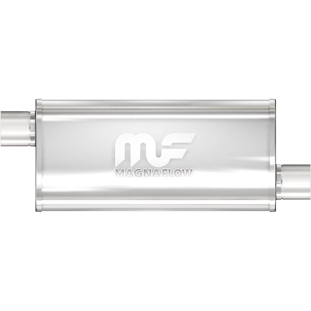 MagnaFlow Exhaust Muffler, 5 Inch X 8 Inch Oval Polished Stainless Steel Case, Single 3 Inch Offset Inlet, Single 3 Inch Offset Outlet – 14264