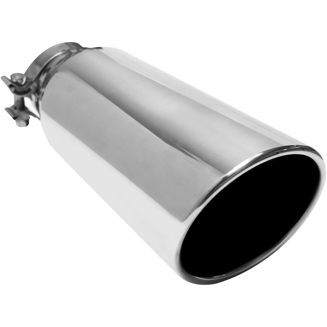 MagnaFlow Exhaust Tail Pipe Tip, 4 Inch Inside Diameter Inlet, 5 Inch Outlet, Stainless Steel, Round, 15 Degree Angled Cut, Rolled Edge – 35214
