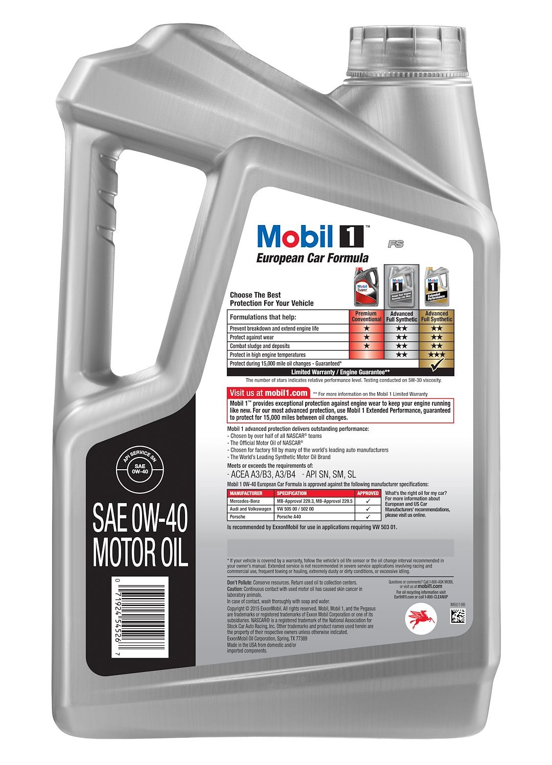 Mobil Oil, SAE 0W-40, Full Synthetic, Motor Oil, 5 Quart Jug, Single – 120760