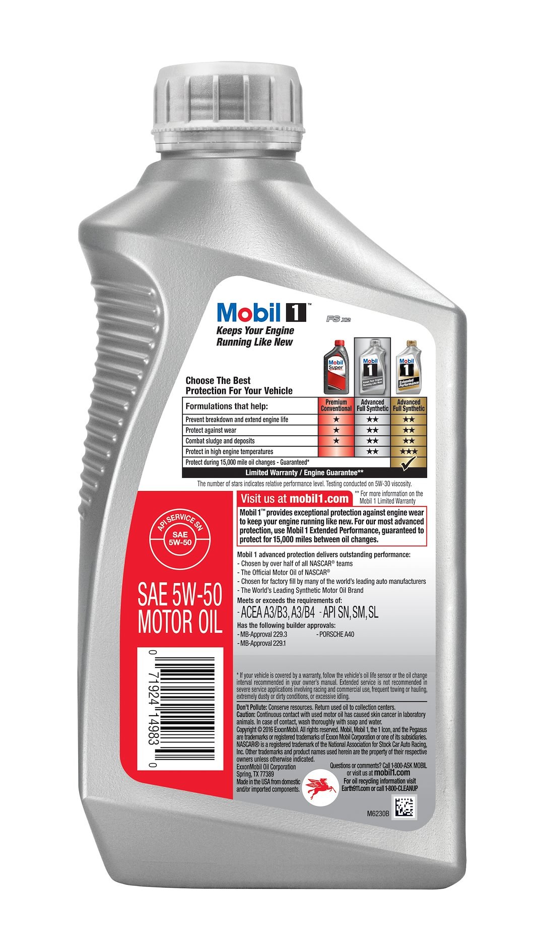 Mobil Oil, Fs X2, SAE 5W-50, Synthetic, 1 Quart Bottle, Single – 122075