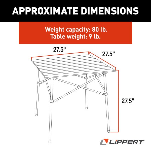 Lippert Components Table, 27-1/2 Inch Length X 27-1/2 Inch Width X 27-1/2 Inch Depth, 80 Pound Weight Capacity, Folding, Dark Gray – 2021000209
