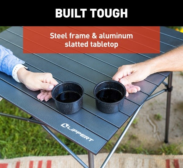 Lippert Components Table, 27-1/2 Inch Length X 27-1/2 Inch Width X 27-1/2 Inch Depth, 80 Pound Weight Capacity, Folding, Dark Gray – 2021000209