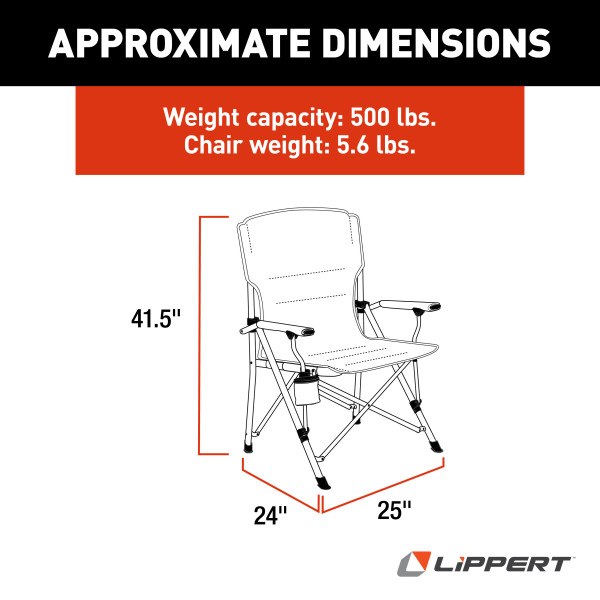 Lippert Components Camping Chair, Scout, Camp Chair, 24 Inch Depth X 25 Inch Width X 41-1/2 Inch Height, 500 Pound Weight Capacity – 2021123277