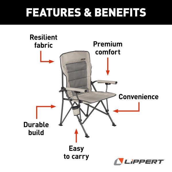 Lippert Components Camping Chair, Scout, Camp Chair, 24 Inch Depth X 25 Inch Width X 41-1/2 Inch Height, 500 Pound Weight Capacity – 2021123277