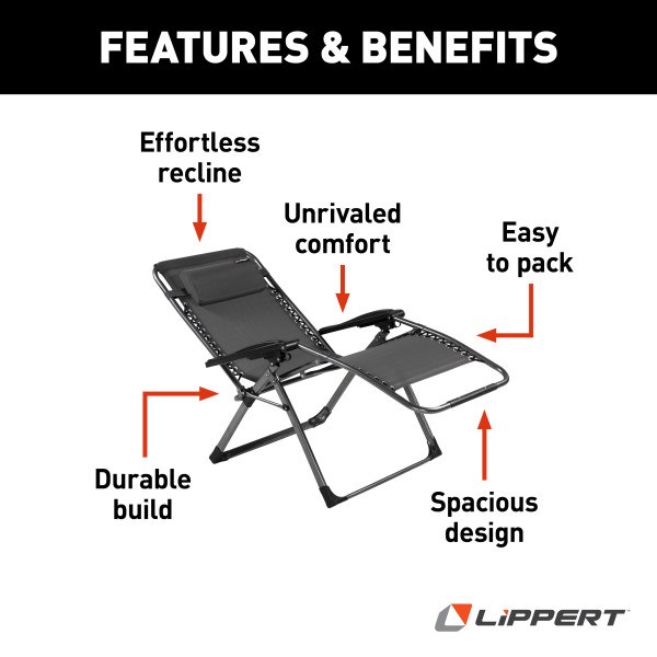 Lippert Components Camping Chair, Stargazer Plus, Zero Gravity Chair, 35-3/4 Inch Depth X 28-3/4 Inch Width X 44-1/4 Inch Height – 2021123287