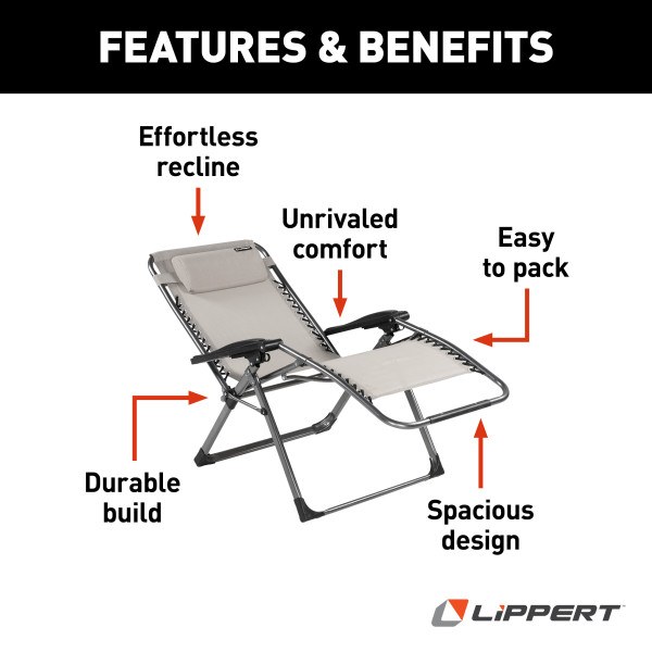 Lippert Components Camping Chair, Stargazer Plus, Zero Gravity Chair, 35-3/4 Inch Depth X 28-3/4 Inch Width X 44-1/4 Inch Height – 2021123288
