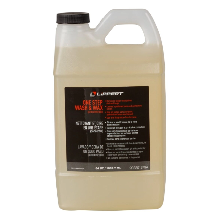 Lippert Components Car Wash, Use on Water-Safe Surfaces/ Painted Surfaces and Decals, Wash and Wax Formula, Concentrated, 2 Liter Bottle – 2022013794