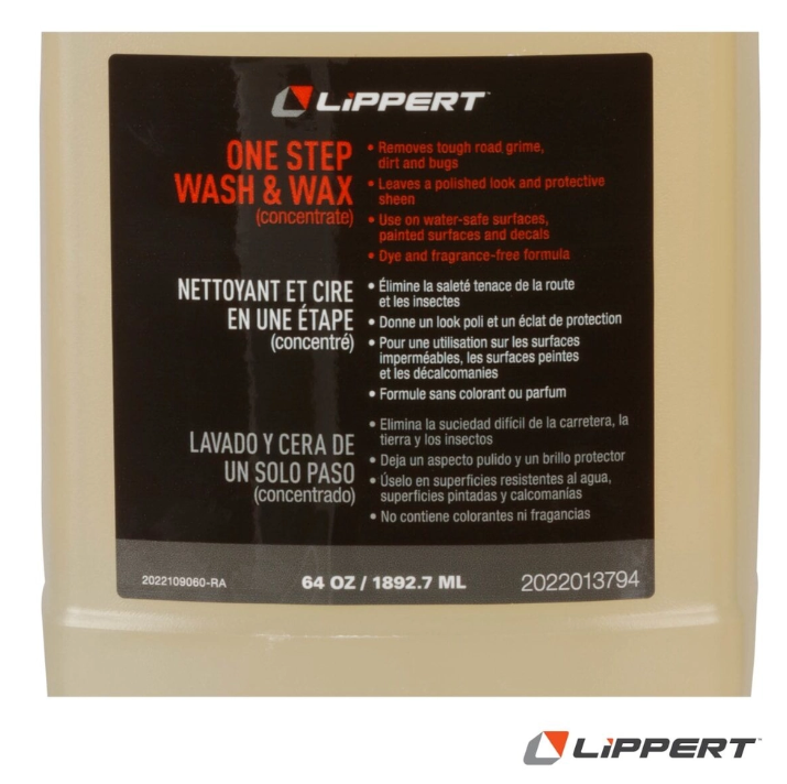 Lippert Components Car Wash, Use on Water-Safe Surfaces/ Painted Surfaces and Decals, Wash and Wax Formula, Concentrated, 2 Liter Bottle – 2022013794