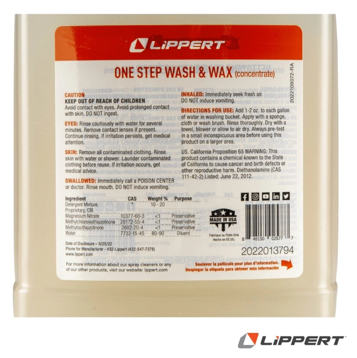 Lippert Components Car Wash, Use on Water-Safe Surfaces/ Painted Surfaces and Decals, Wash and Wax Formula, Concentrated, 2 Liter Bottle – 2022013794