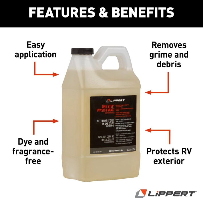 Lippert Components Car Wash, Use on Water-Safe Surfaces/ Painted Surfaces and Decals, Wash and Wax Formula, Concentrated, 2 Liter Bottle – 2022013794