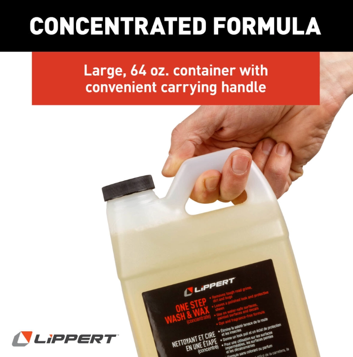 Lippert Components Car Wash, Use on Water-Safe Surfaces/ Painted Surfaces and Decals, Wash and Wax Formula, Concentrated, 2 Liter Bottle – 2022013794