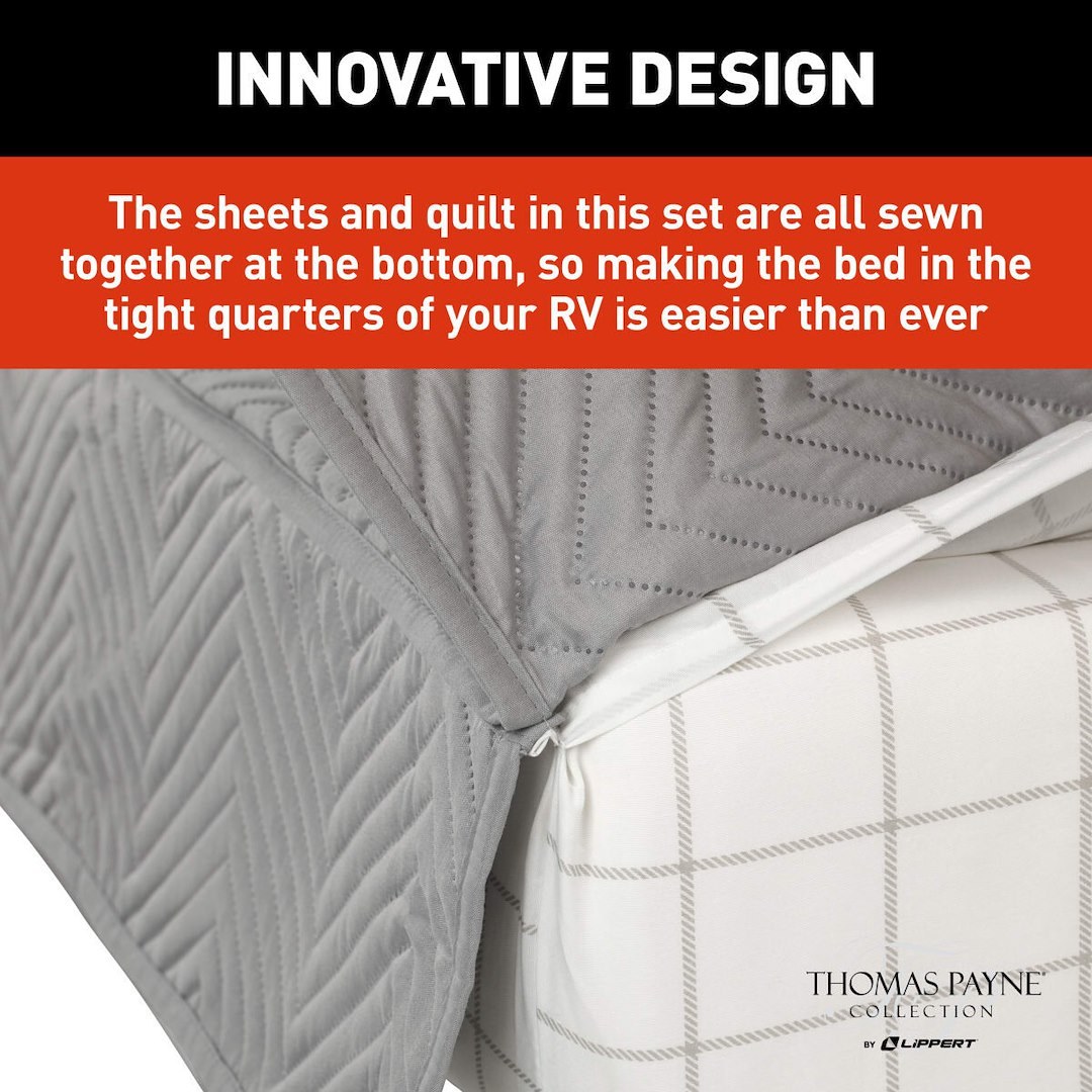 Lippert Components Bed Sheet, Thomas Payne ®, Easy Zzzs ™ Series, Short Queen, Polyester, Gray Checkered – 2022107819