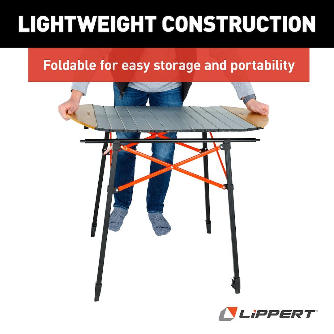 Lippert Components Table, 37.8 Inch Length X 27.2 Inch Width X 29.75 to 35.7 Inch Adjustable Height, 80 Pound Weight Capacity, Folding – 2023053727