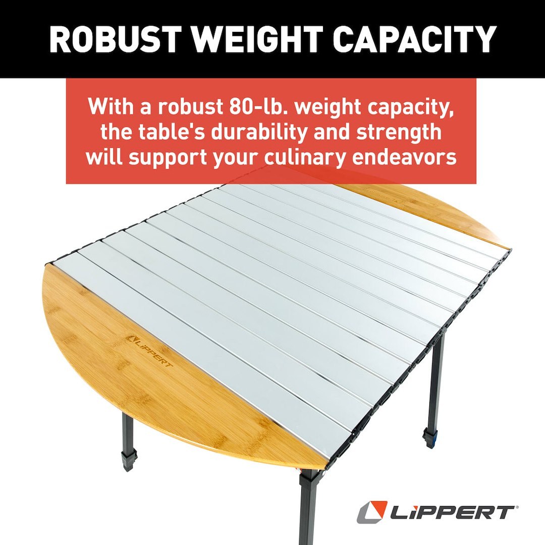 Lippert Components Table, 37.8 Inch Length X 27.2 Inch Width X 29.75 to 35.7 Inch Adjustable Height, 80 Pound Weight Capacity, Folding – 2023053727