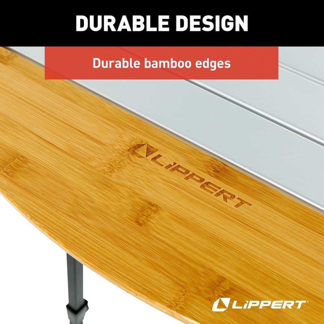 Lippert Components Table, 37.8 Inch Length X 27.2 Inch Width X 29.75 to 35.7 Inch Adjustable Height, 80 Pound Weight Capacity, Folding – 2023053727