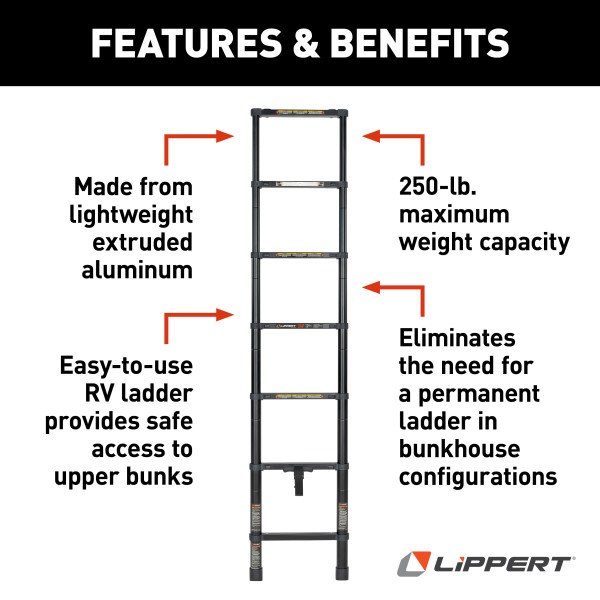 Lippert Components Utility Ladder, Interior Bunk, Collapsible, 84 Inch Adjustable Height, 6 Steps, 250 Pound Load Capacity – 2024044562