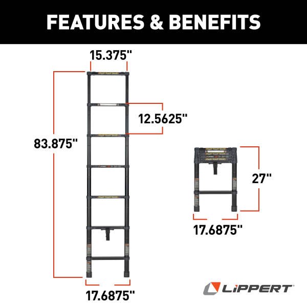 Lippert Components Utility Ladder, Interior Bunk, Collapsible, 84 Inch Adjustable Height, 6 Steps, 250 Pound Load Capacity – 2024044562