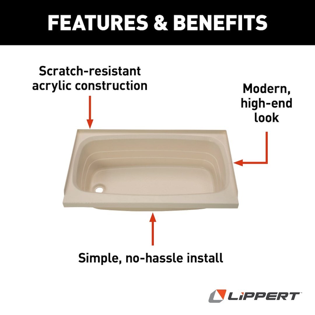 Lippert Components Bathtub, Better Bath, Standard Tub, 24 Inch X 36 Inch, With Threshold, Without Seat, Smooth Floor Surface, Left Hand Drain – 209372