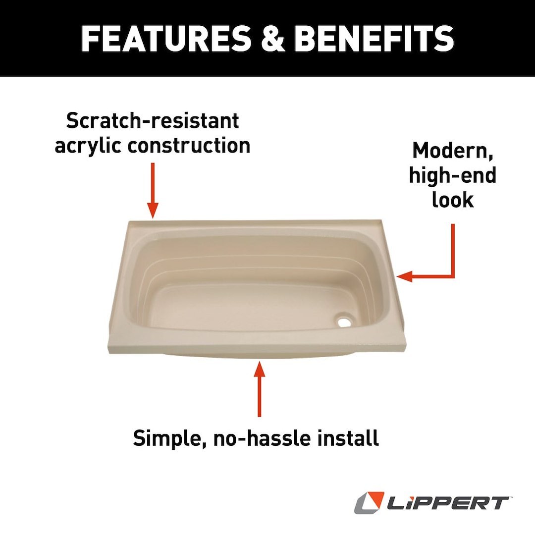 Lippert Components Bathtub, Better Bath, Standard Tub, 24 Inch X 36 Inch, With Threshold, Without Seat, Smooth Floor Surface – 209376