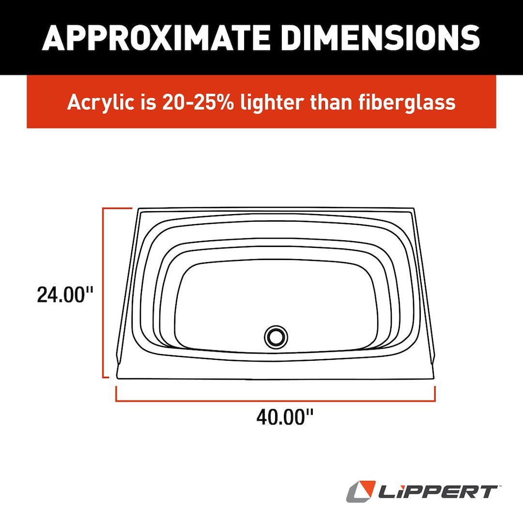 Lippert Components Bathtub, Better Bath, Standard Tub, 24 Inch X 40 Inch, With Threshold, Without Seat, Smooth Floor Surface, Center Drain – 209385