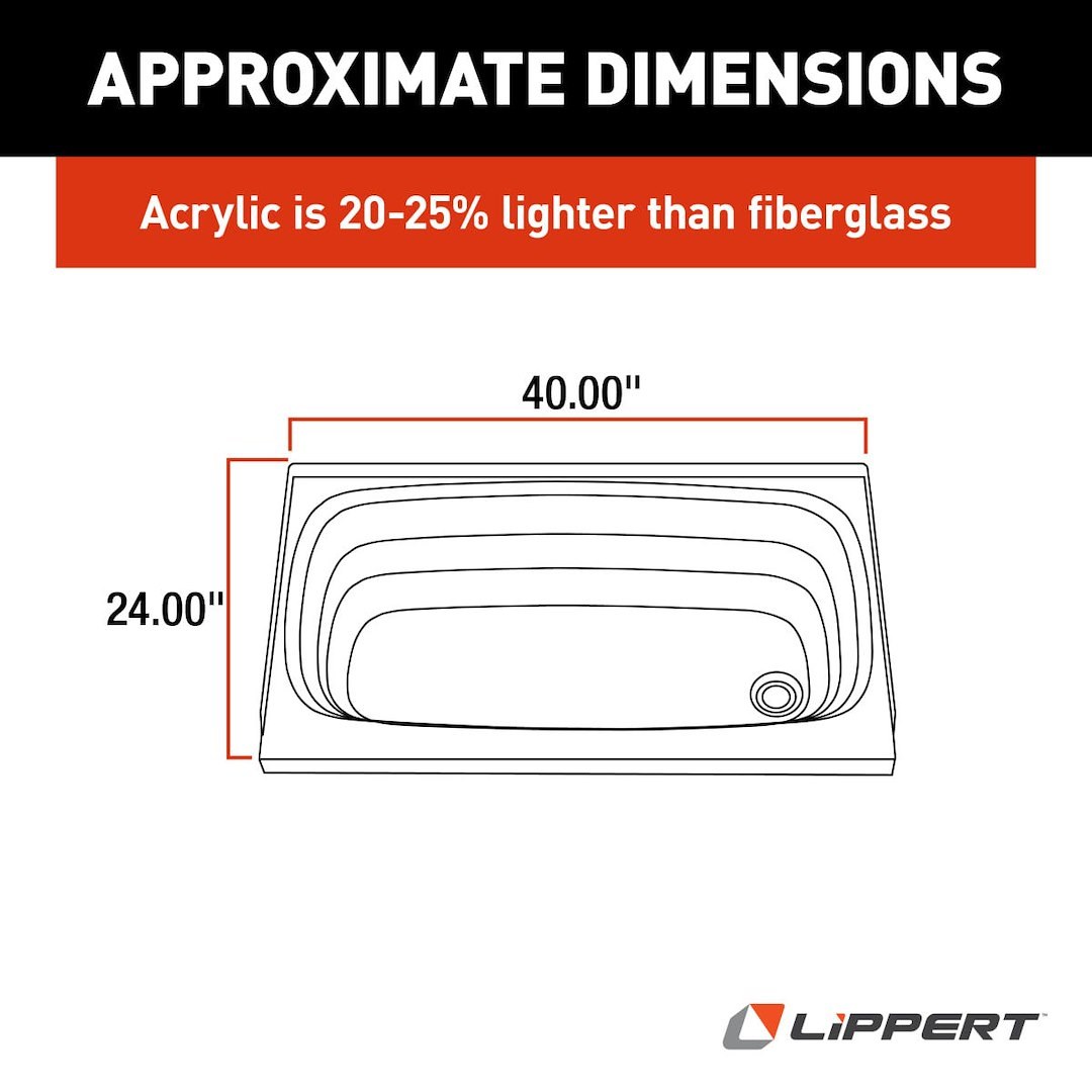 Lippert Components Bathtub, Better Bath, Standard Tub, 24 Inch X 40 Inch, With Threshold, Without Seat, Smooth Floor Surface – 209392