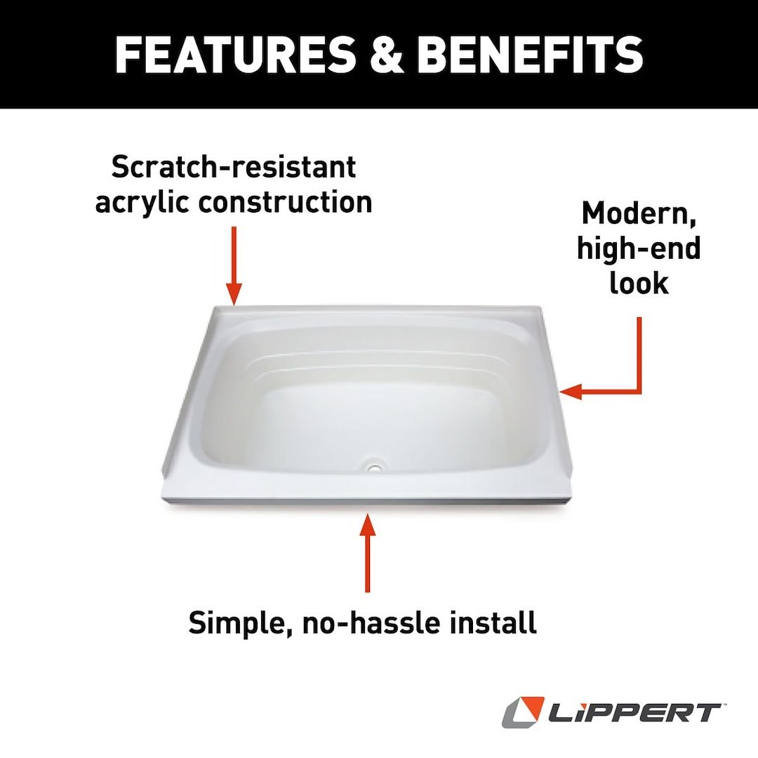 Lippert Components Bathtub, Better Bath, Standard Tub, 24 Inch X 36 Inch, With Threshold, Without Seat, Smooth Floor Surface, Center Drain – 209648