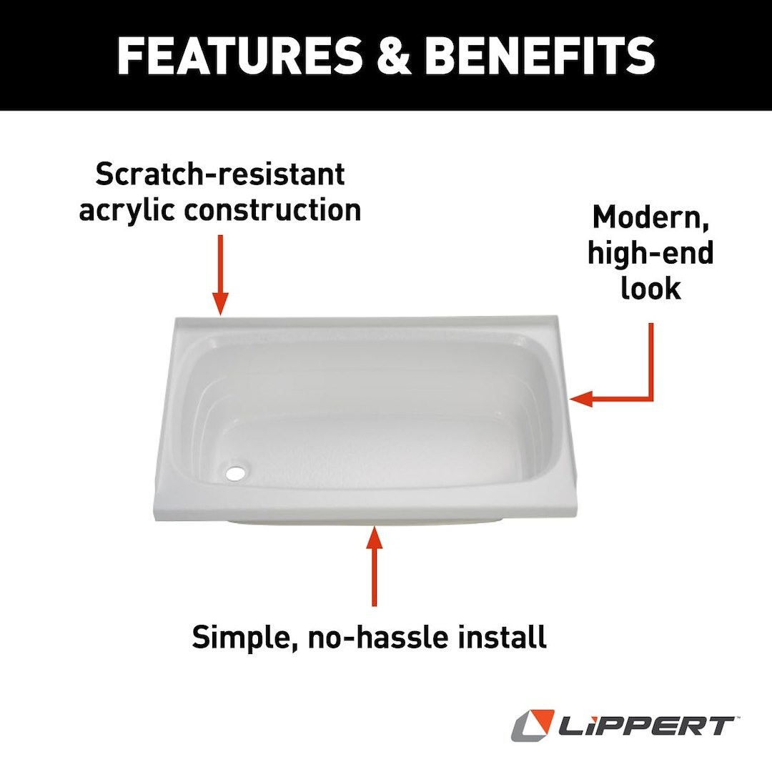 Lippert Components Bathtub, Better Bath, Standard Tub, 24 Inch X 36 Inch, With Threshold, Without Seat, Smooth Floor Surface, Left Hand Drain – 209653