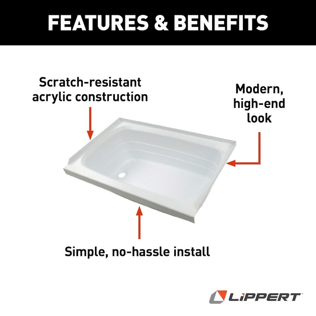 Lippert Components Bathtub, Better Bath, Standard Tub, 24 Inch X 46 Inch, With Threshold, Without Seat, Smooth Floor Surface, Left Hand Drain – 209681