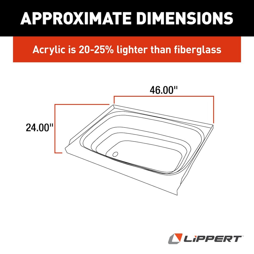 Lippert Components Bathtub, Better Bath, Standard Tub, 24 Inch X 46 Inch, With Threshold, Without Seat, Smooth Floor Surface, Left Hand Drain – 209681