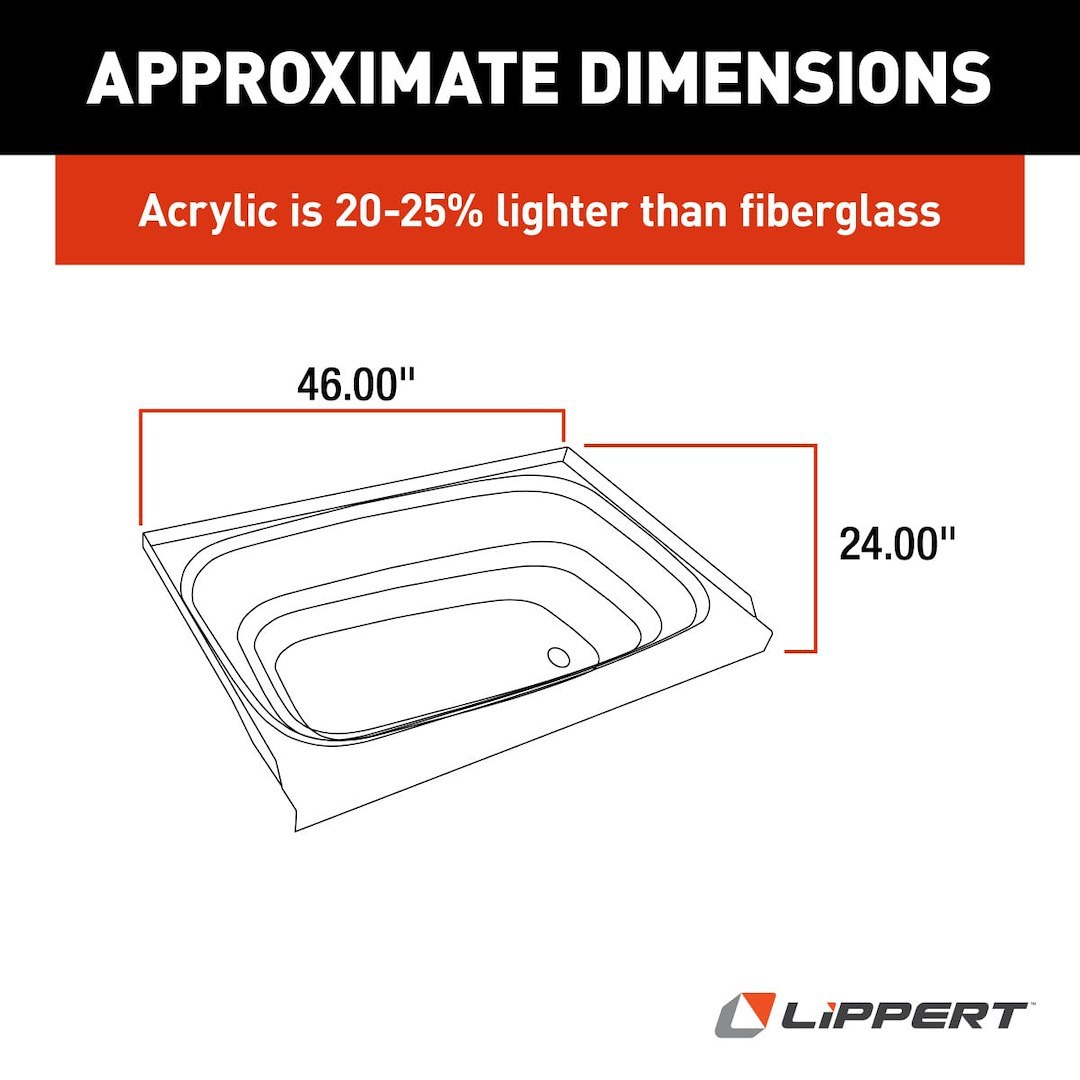 Lippert Components Bathtub, Better Bath, Standard Tub, 24 Inch X 46 Inch, With Threshold, Without Seat, Smooth Floor Surface – 209683
