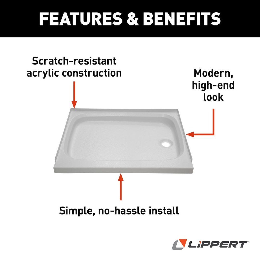 Lippert Components Shower Pan, Better Bath, Rectangular, 24 Inch X 32 Inch, With Threshold, Right Hand Drain, White, ABS – 210371