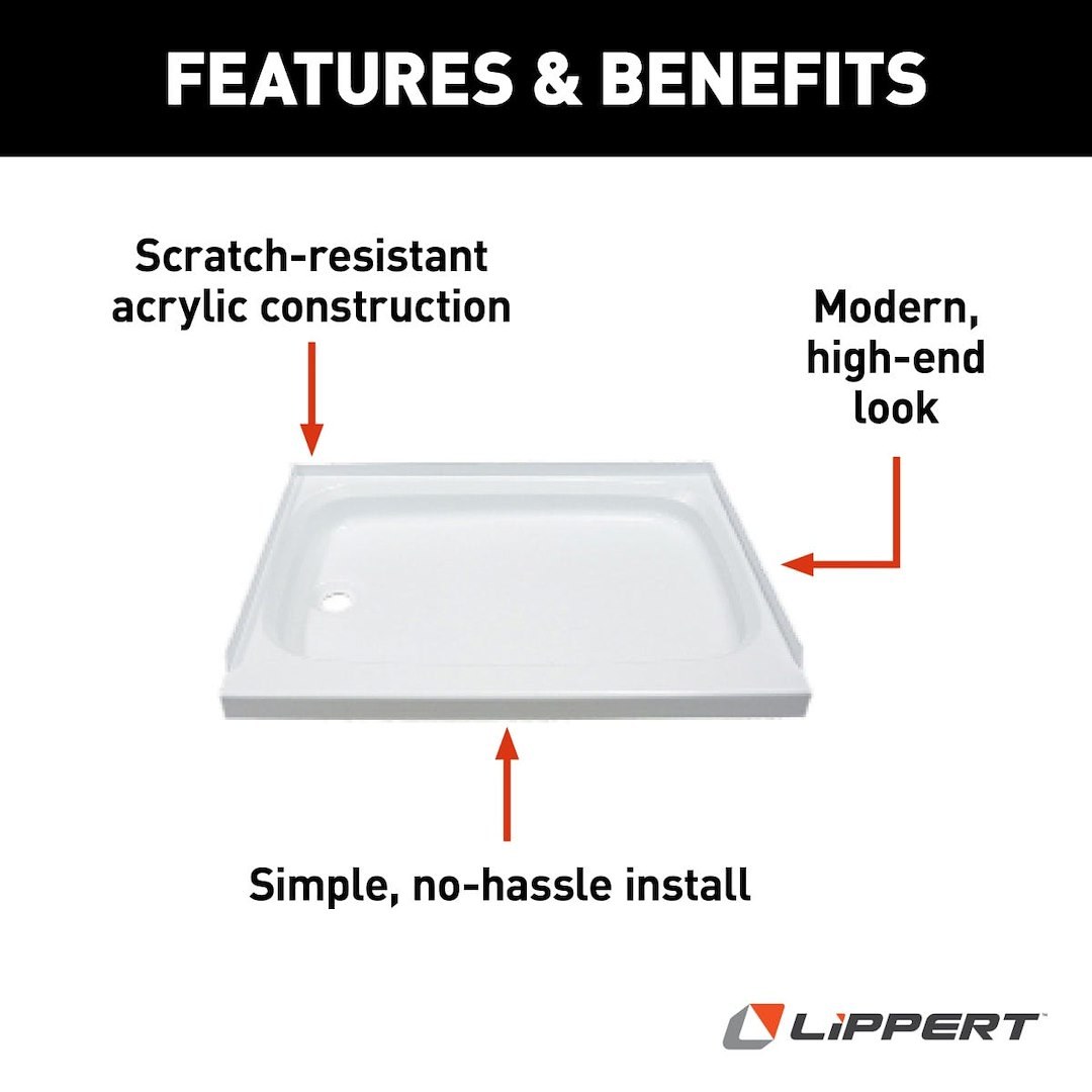 Lippert Components Shower Pan, Better Bath, Rectangular, 24 Inch X 36 Inch, With Threshold, White, ABS – 210373