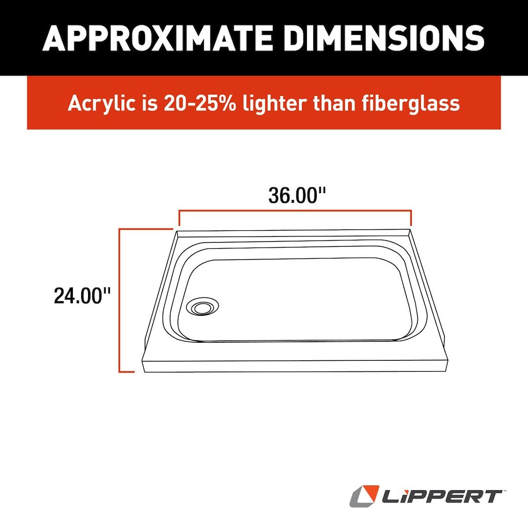 Lippert Components Shower Pan, Better Bath, Rectangular, 24 Inch X 36 Inch, With Threshold, White, ABS – 210373
