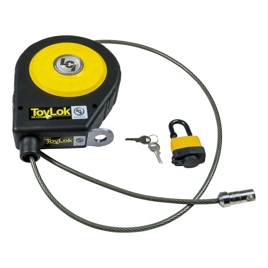 Lippert Components Cable Lock, Toylok ®, 15 Foot Length Retractable Cable, Key Lock, With Padlock/ 2 Keys/ Nylon Case and Mounting Hardware – 337120