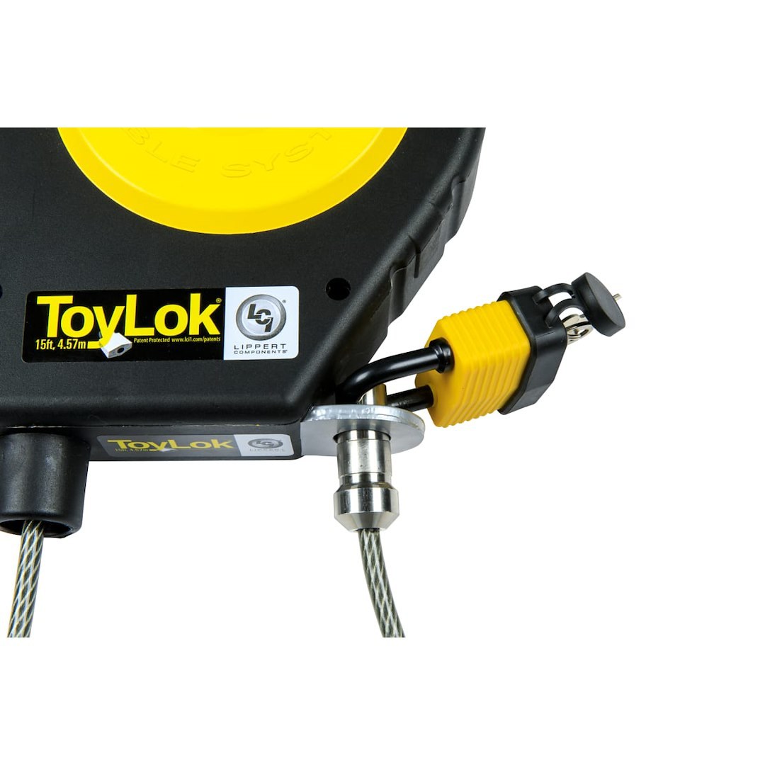 Lippert Components Cable Lock, Toylok ®, 15 Foot Length Retractable Cable, Key Lock, With Padlock/ 2 Keys/ Nylon Case and Mounting Hardware – 337120