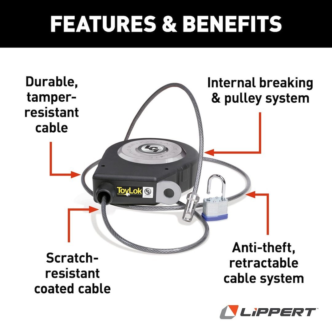 Lippert Components Cable Lock, Toylok ®, 15 Foot Length Retractable Cable, Key Lock, With Padlock/ 2 Keys/ Nylon Case and Mounting Hardware – 337120