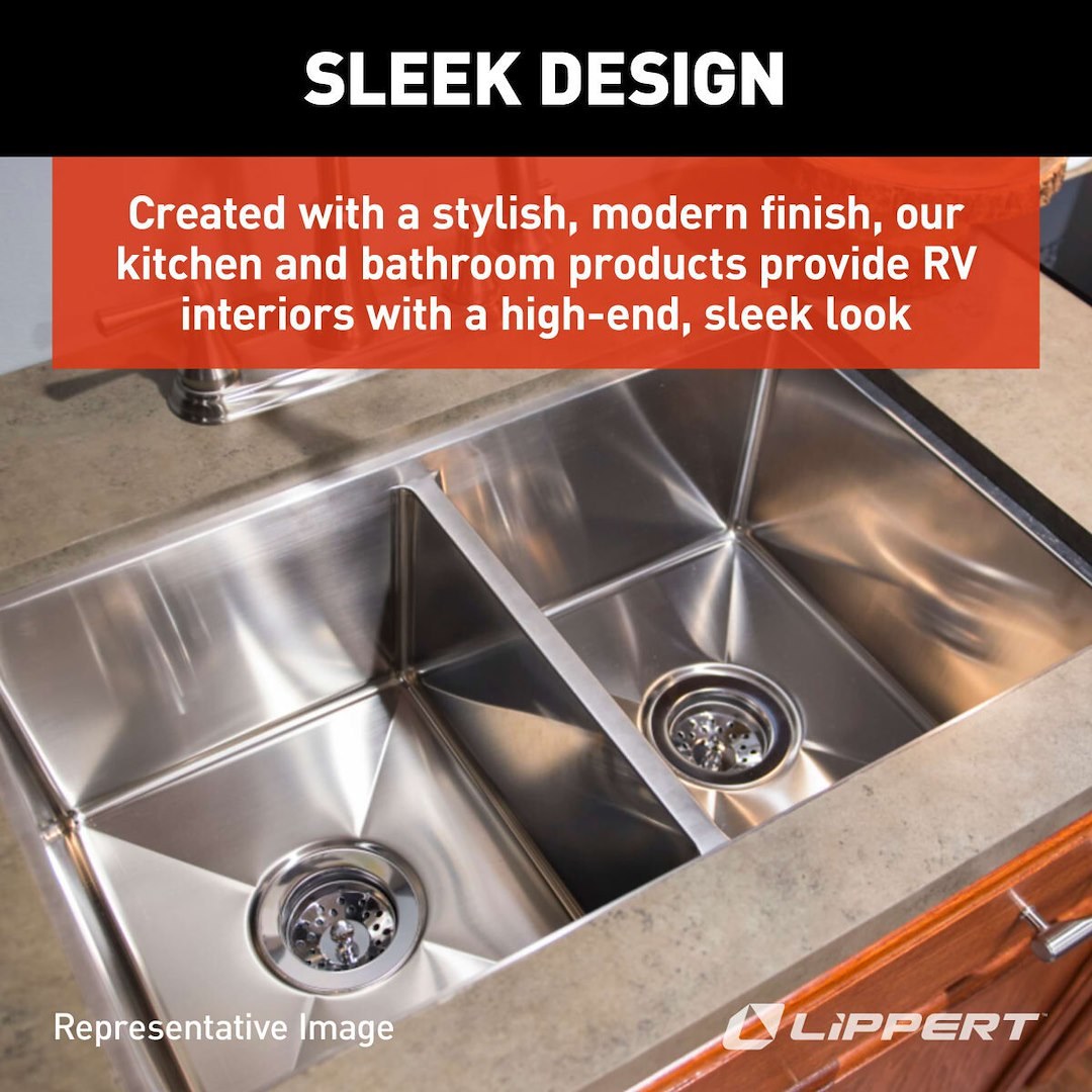 Lippert Components Sink, Better Bath, Double Bowl Drawn Sink, 27 Inch Width X 16 Inch Length X 7 Inch Depth, Top or Under Mount – 388412