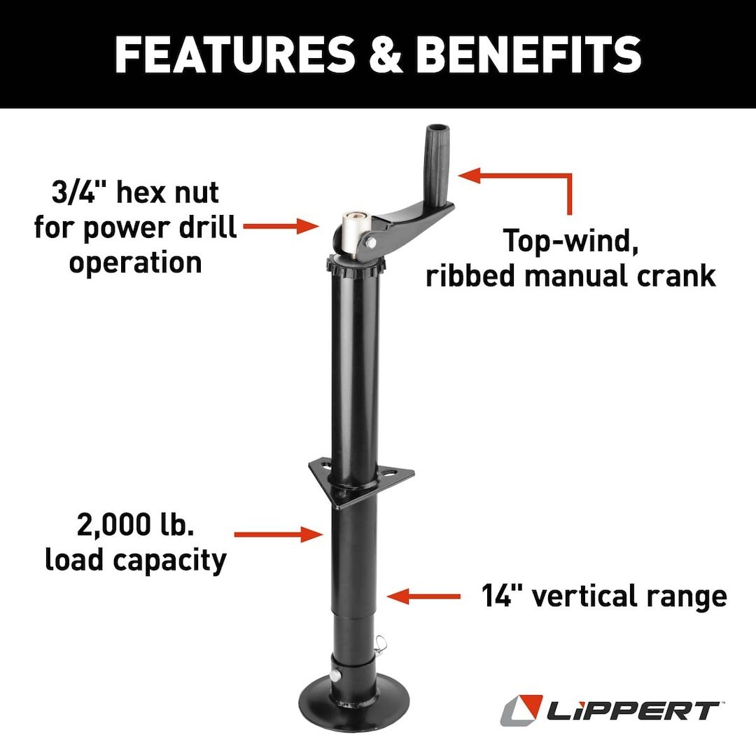 Lippert Components Trailer Tongue Jack, Manual Hand Crank or Power Drill Crank A-Frame Round Topwind Jack, 2000 Pound Capacity – 733926