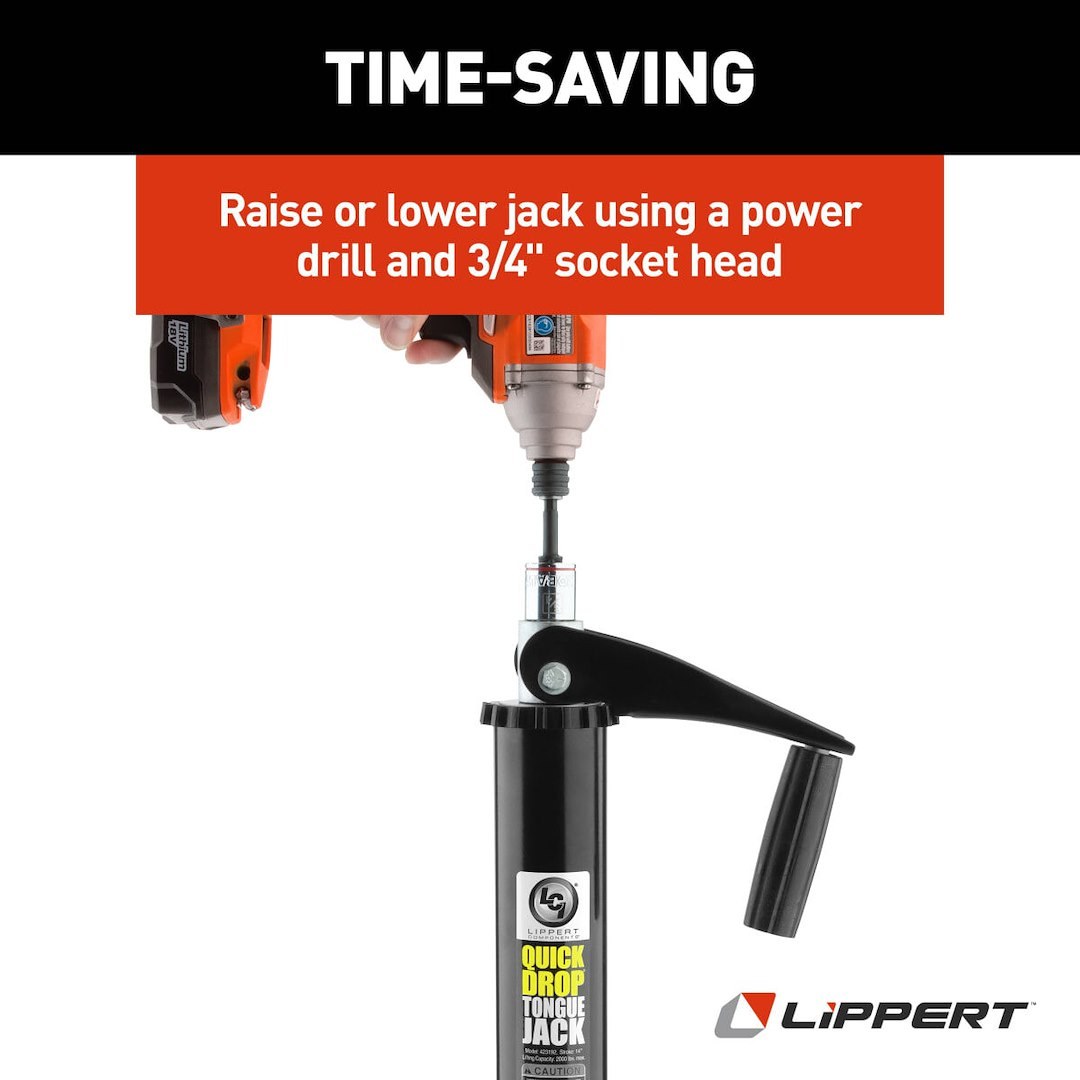 Lippert Components Trailer Tongue Jack, Manual Hand Crank or Power Drill Crank A-Frame Round Topwind Jack, 2000 Pound Capacity – 733926