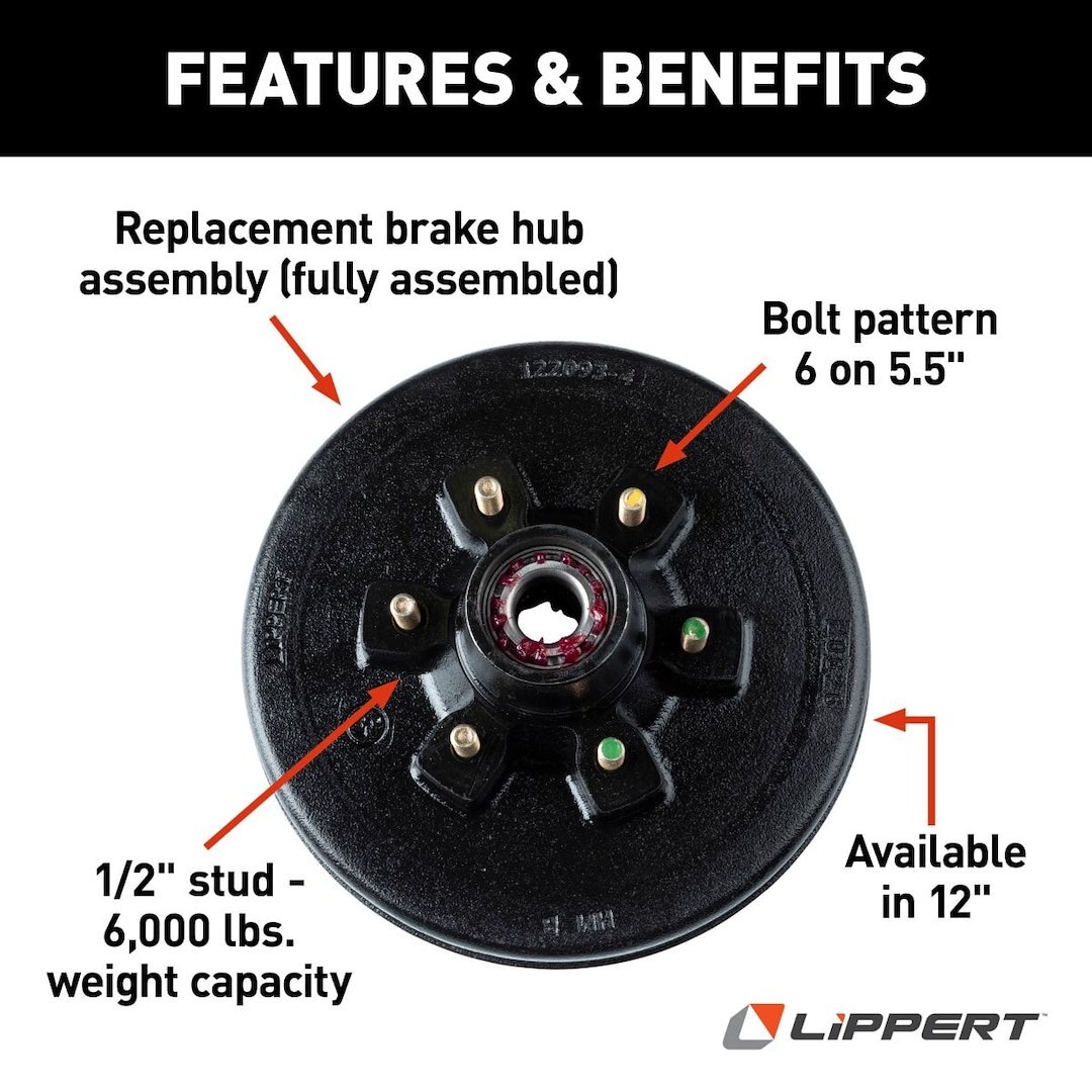 Lippert Components Trailer Brake Hub Assembly, Hub and Drum, Fits Lippert 5200 to 6000 Pound Axle, 6 X 5-1/2 Inch Diameter Bolt Pattern – 814202