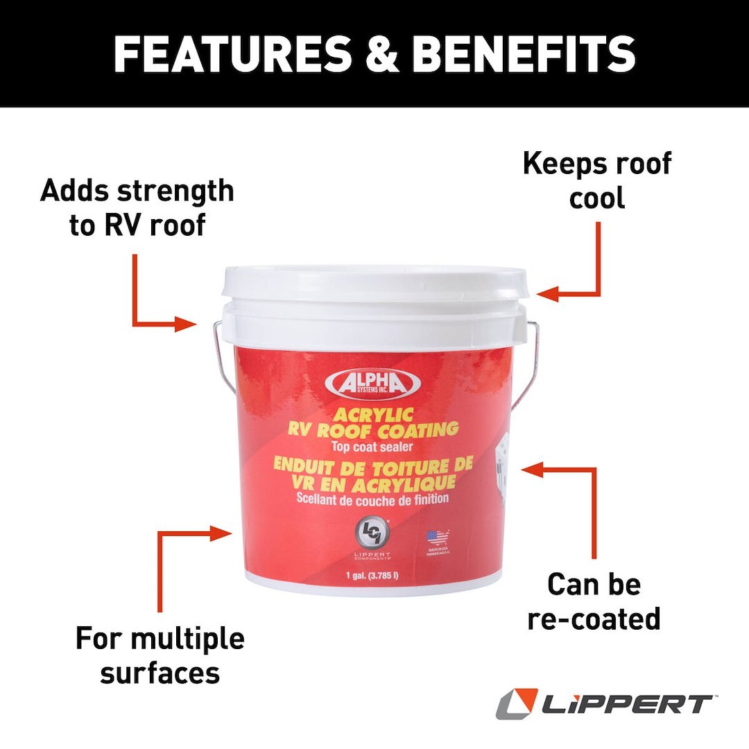 Lippert Components Roof Coating, Use to Protect and Maintain Existing Roof Surface, Water Based Acrylic, White, 1 Gallon Pail – 862401