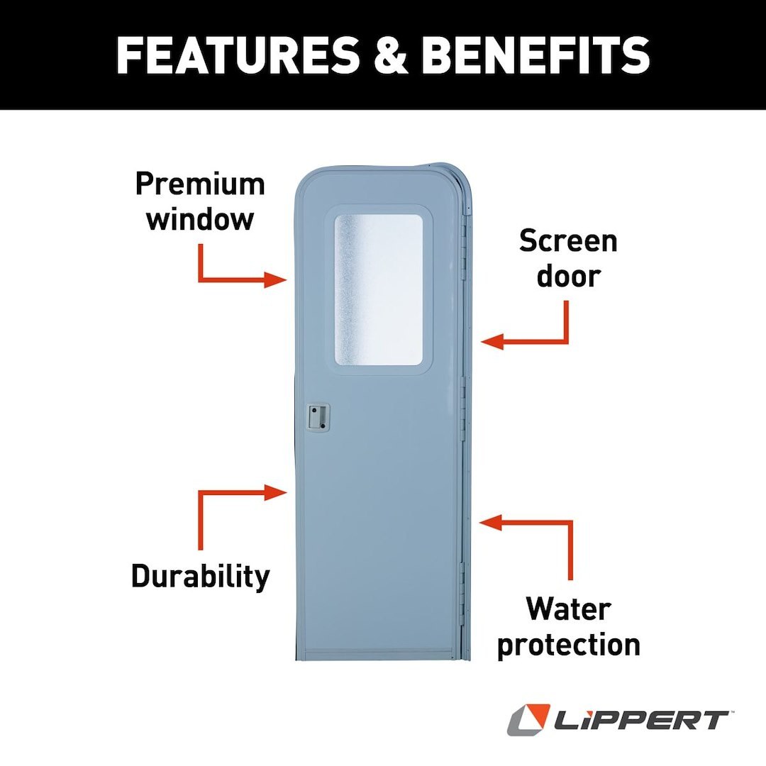 Lippert Components Entry Door, Radius Door, 26 Inch Width X 70 Inch Height, Right Side Hinges, Keyed Entry, Polar White Embossed Finish – V000381469