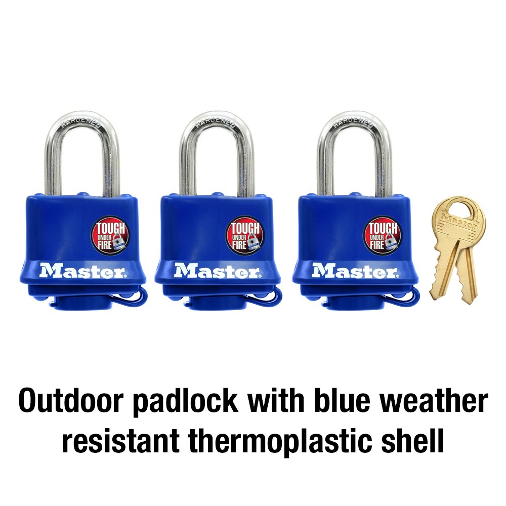 Masterlock Padlock, Key Type, 9/32 Inch Shackle Diameter/ 1-9/16 Inch Body Width, 1-1/16 Inch Height X 5/8 Inch Width Shackle Clearance, Blue – 312TRI