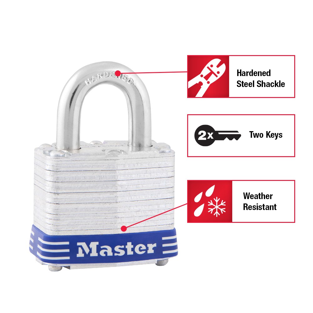 Masterlock Padlock, Key Type, 1-9/16 Inch Body Width/ 9/32 Inch Shackle Diameter, 3/4 Inch Height X 5/8 Inch Width Shackle Clearance – 3D