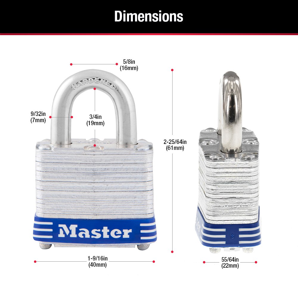 Masterlock Padlock, Key Type, 1-9/16 Inch Body Width/ 9/32 Inch Shackle Diameter, 3/4 Inch Height X 5/8 Inch Width Shackle Clearance – 3D