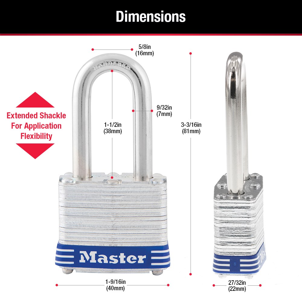 Masterlock Padlock, Key Type, 9/32 Inch Diameter Shackle/ 1-9/16 Inch Wide Body, 1-1/2 Inch Height X 5/8 Inch Width Shackle Clearance – 3DLF